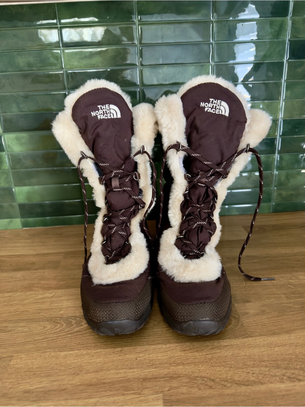 The North Face Women's Dark Brown Winter Boots with Cream Shearling Trim